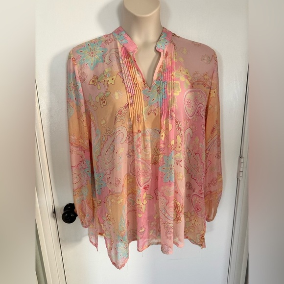 Susan Graver Tunic Blouse Women Pink Sheer Paisley Chiffon Peasant 1X #1688 - Picture 2 of 9
